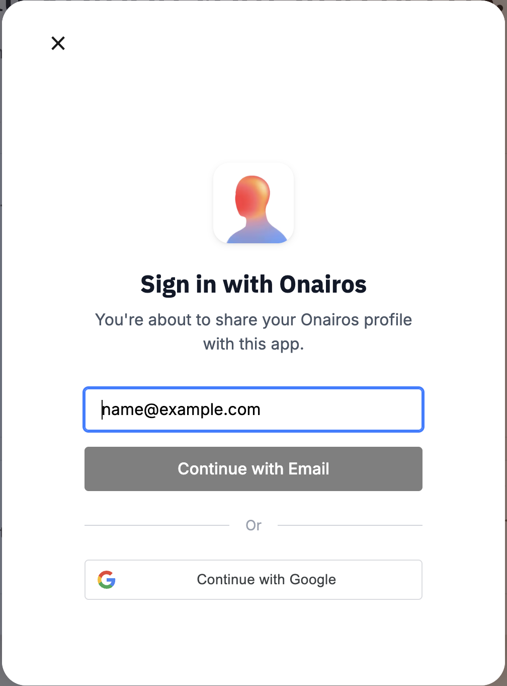 Onairos email sign-in screen