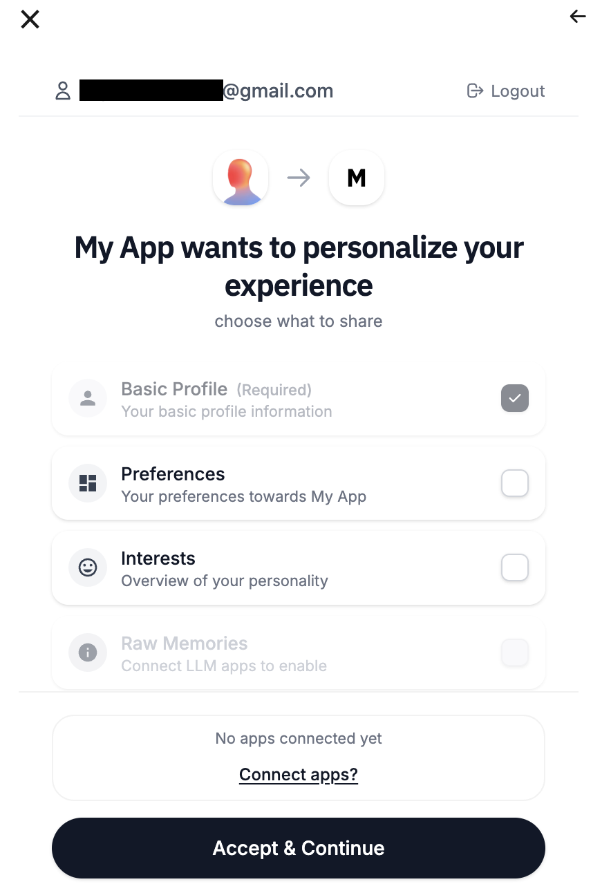 Onairos permissions review screen